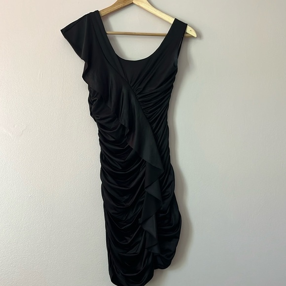 Bebe Y2K Sleeveless Ruffled Black Club Dress Stretch Ruched Bodycon Sz XS - Picture 1 of 7